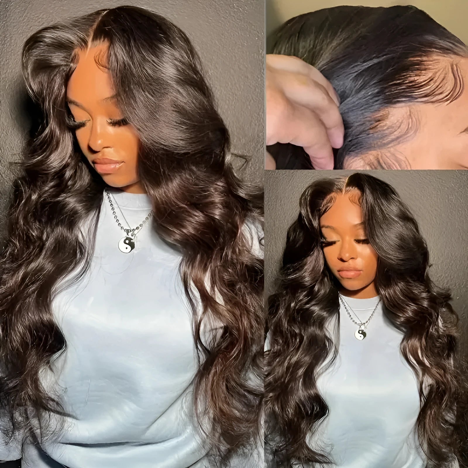 Dark brown long curly front lace wig with side bangs on a model.