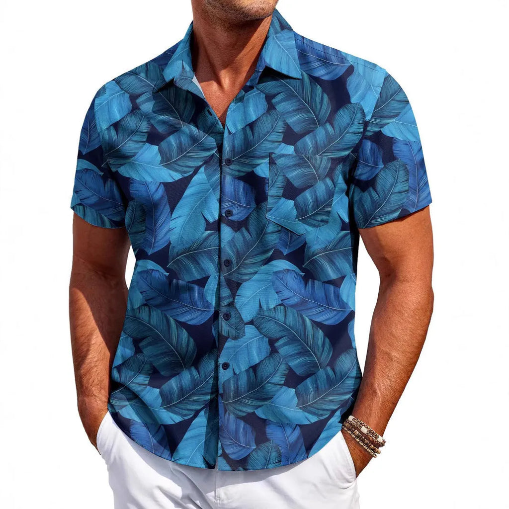 Men's slim fit short sleeve shirt cardigan in elastic polyester fabric on a hanger.