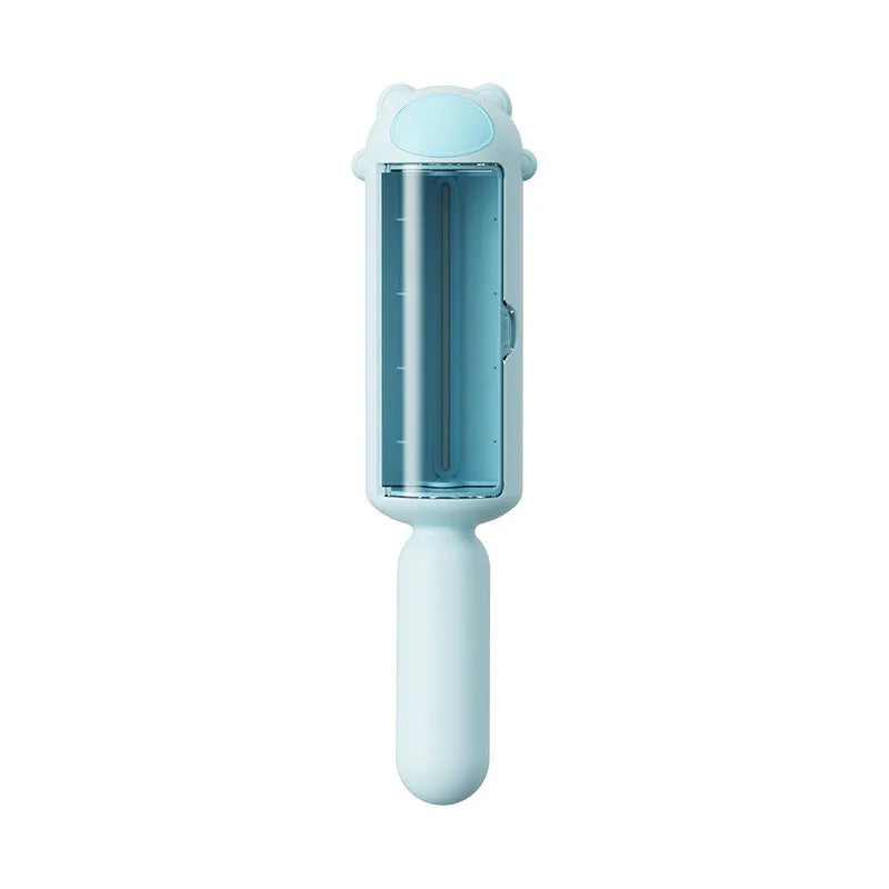 Blue reusable pet hair remover with self-cleaning base for furniture and car seats