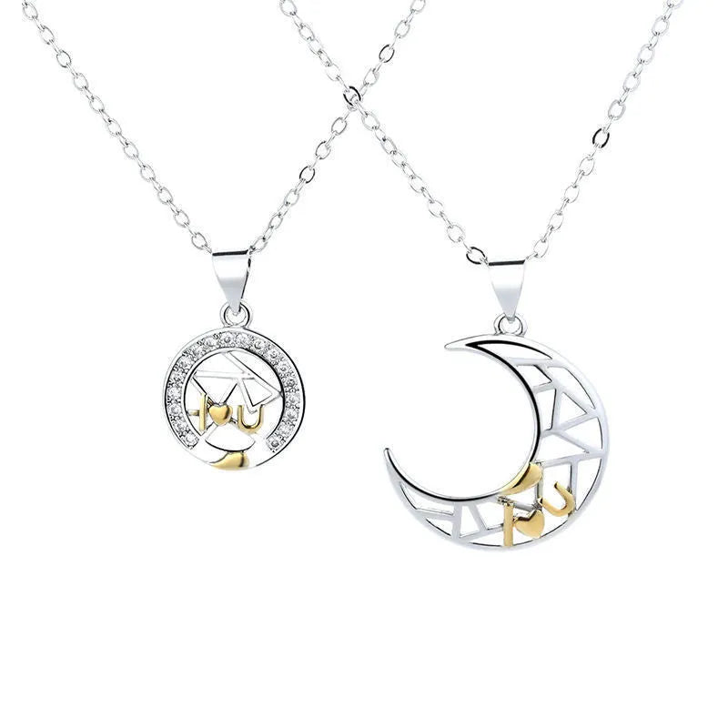 Sun and moon tooth couple necklace with copper pendant and cross chain.