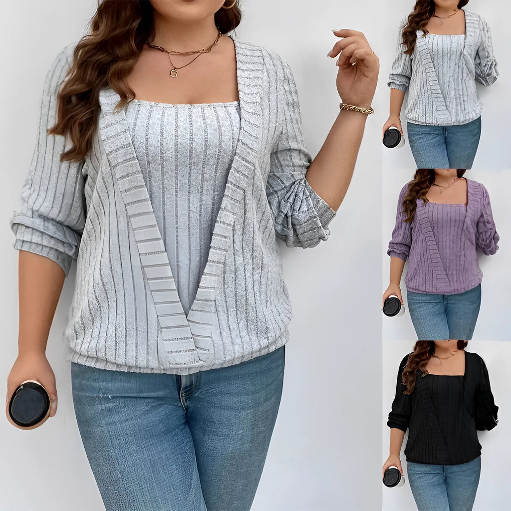 Loose fit V-neck long sleeve false two-piece suit in solid colour rib fabric.