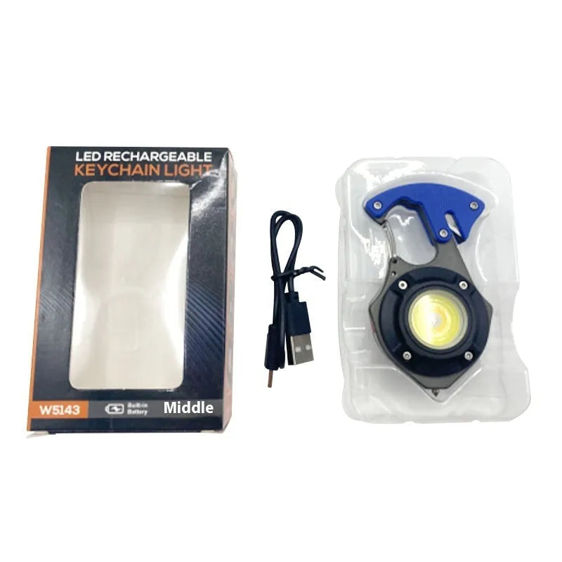 Portable multifunctional keychain rechargeable flashlight with window-breaking hammer and screwdriver tools.