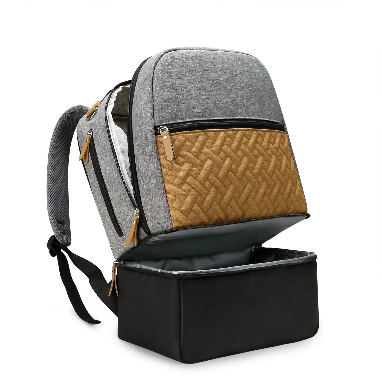 Grey insulated Oxford cloth mother and child travel backpack with curved shoulder straps, shown open to display organisation compartments.