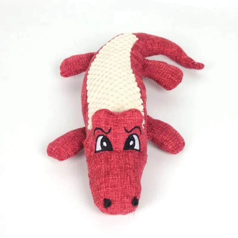Blue, green and red squeaky plush chew toy for cats and dogs to bite and shake.