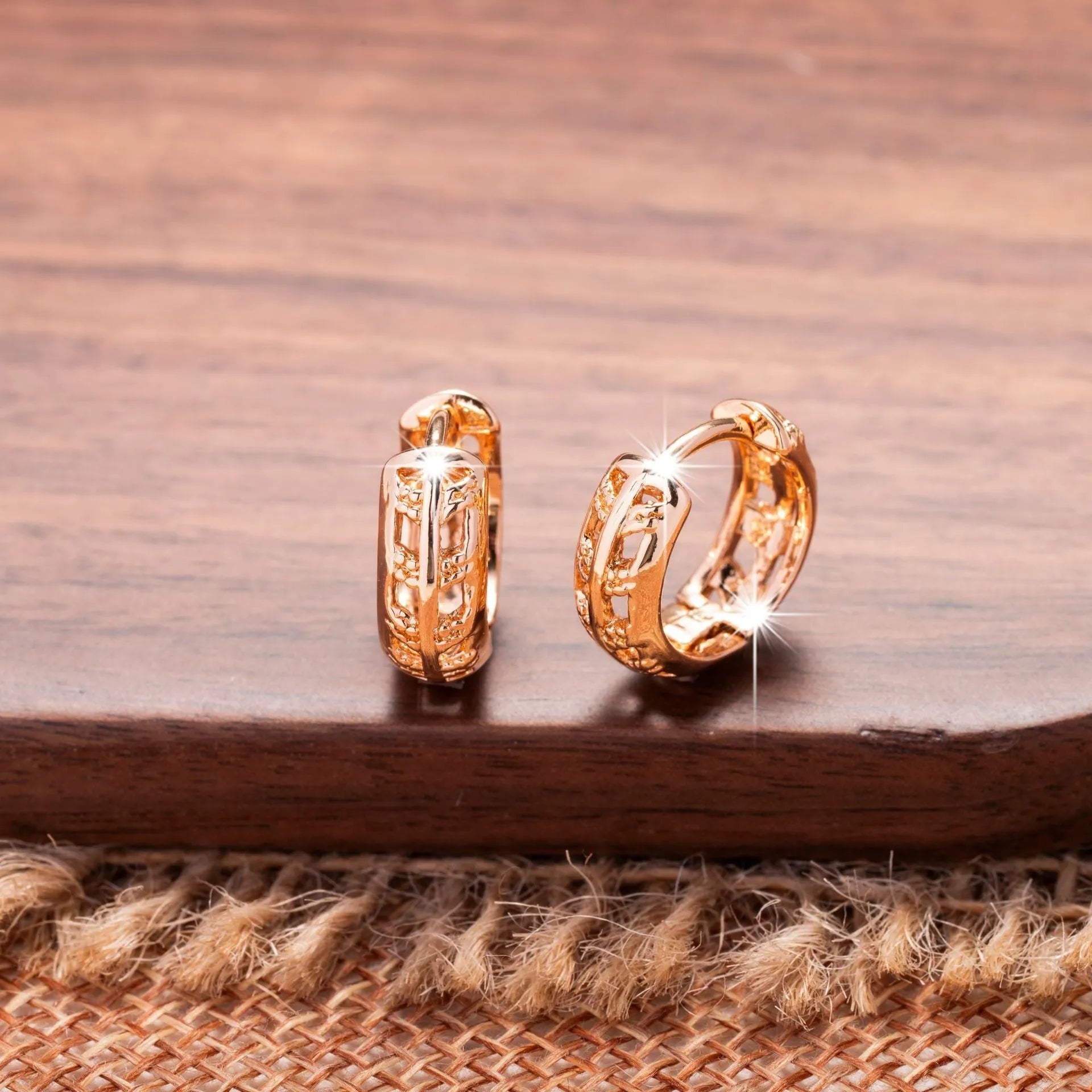 Rose gold copper earrings with hollowed-out heart and leaf shape design