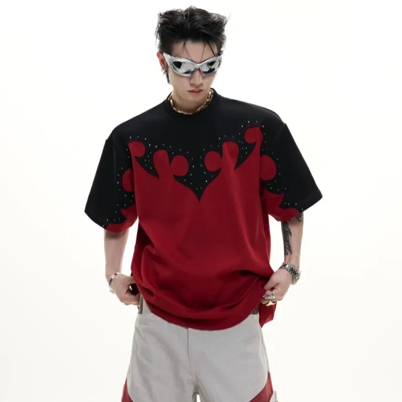Men's grey cotton t-shirt with three-dimensional stitching and burnt flower rhinestone design