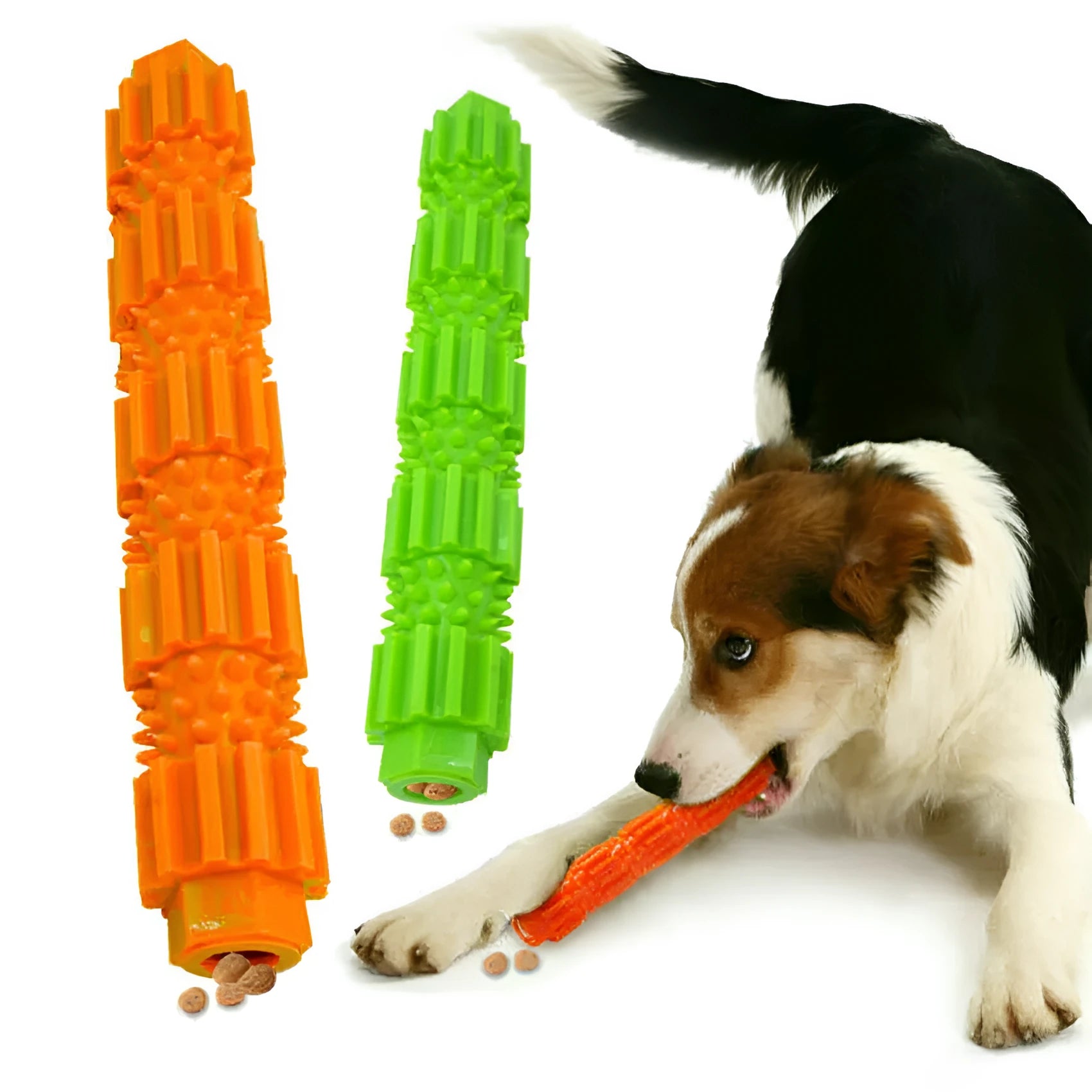 Green and orange durable rubber dog chew toy with textured surface for aggressive chewers.
