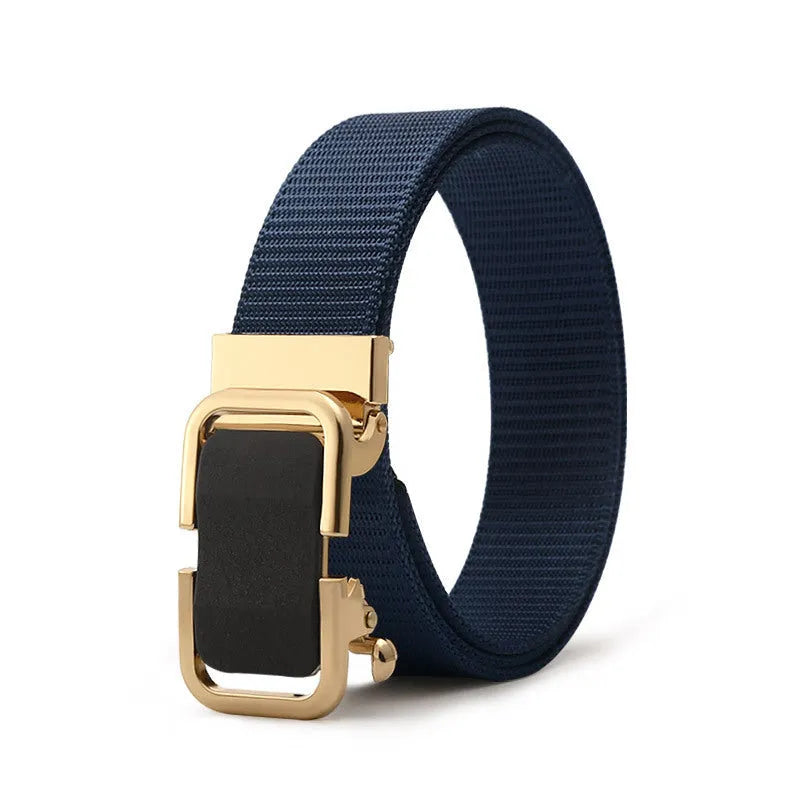 Men's navy blue nylon canvas belt with a silver alloy toothless buckle on a 120cm strap.