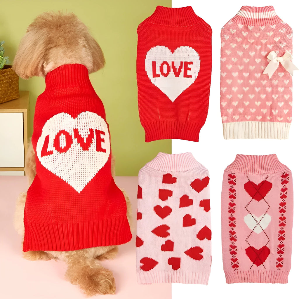 Red love heart design dog sweater on small breed dog