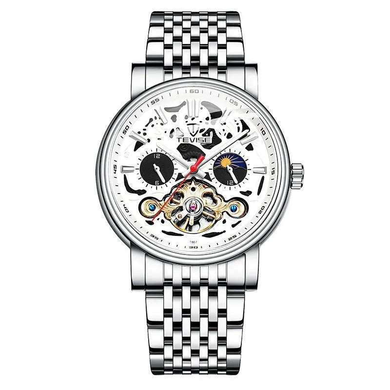 Men's mechanical watch with visible tourbillon, luminous dial, in rose black colour.