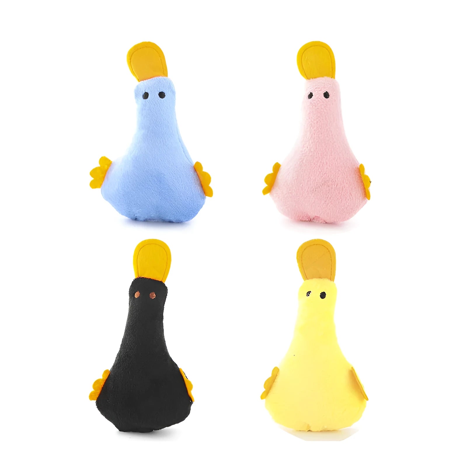 Yellow duck plush pet toy with catnip filling, squeaker sound, and rattle paper for dogs and cats