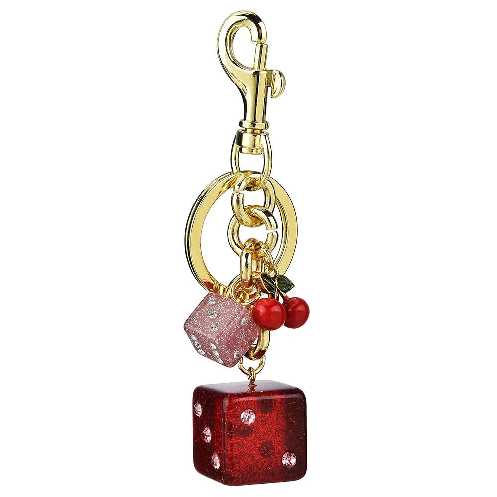 Cherry two-tone dice keychain pendant with square pattern metal design