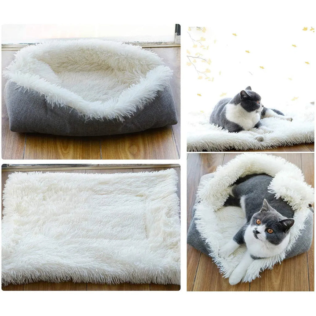 Grey and white plush pet blanket nest with non-slip black bottom for cats and dogs.