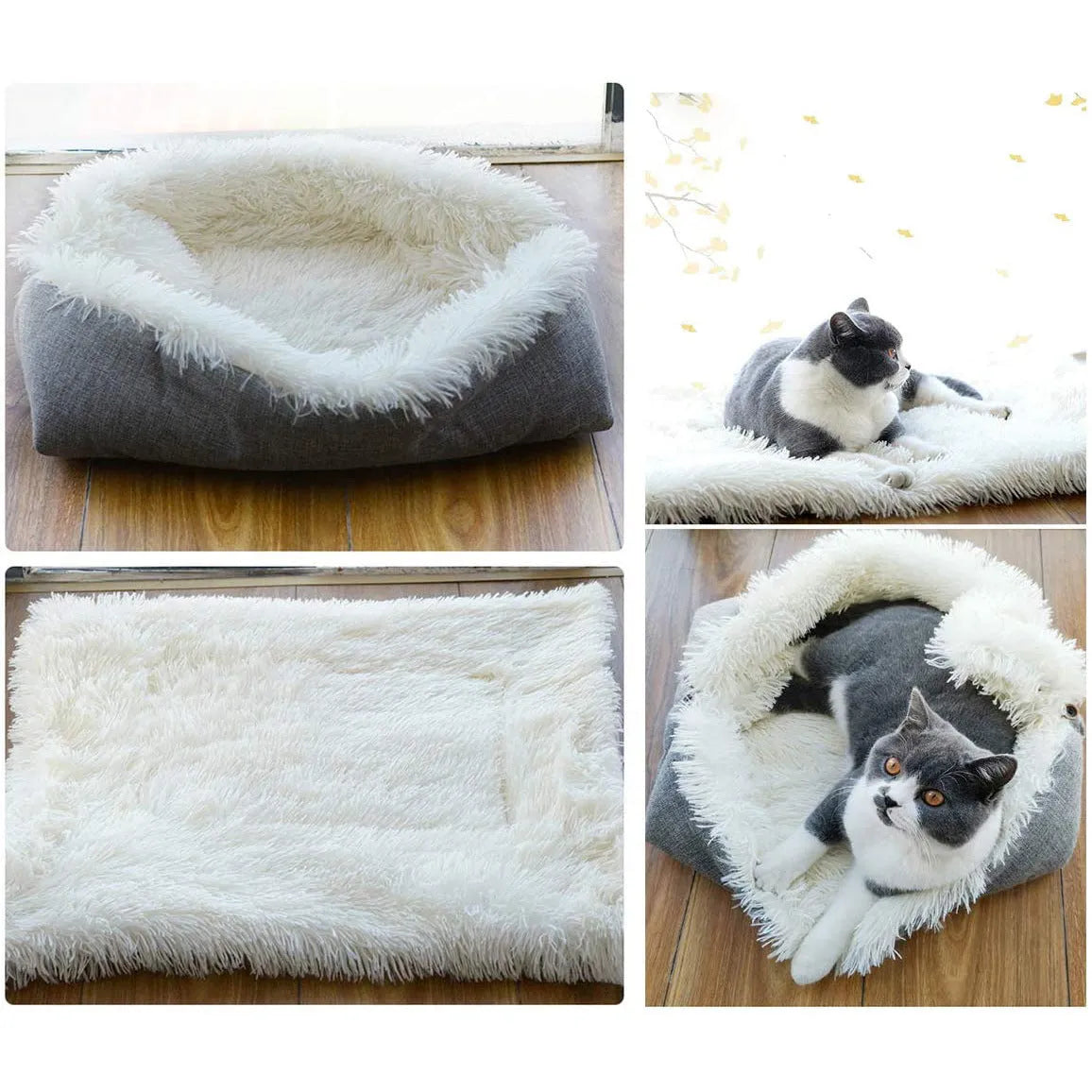 Grey and white plush pet blanket nest with non-slip black bottom for cats and dogs.