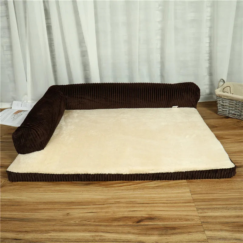 Corduroy pet sofa dog bed in grey colour with a non-slip base, shown in a bilateral style.