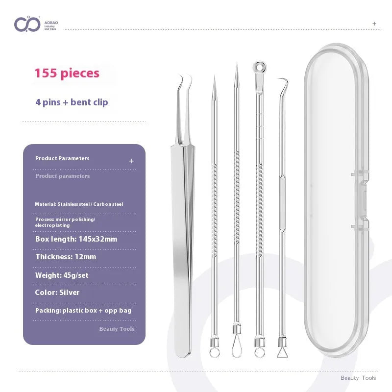 Four-piece metal acne needle set with ultra-fine pointed tips for blackhead removal