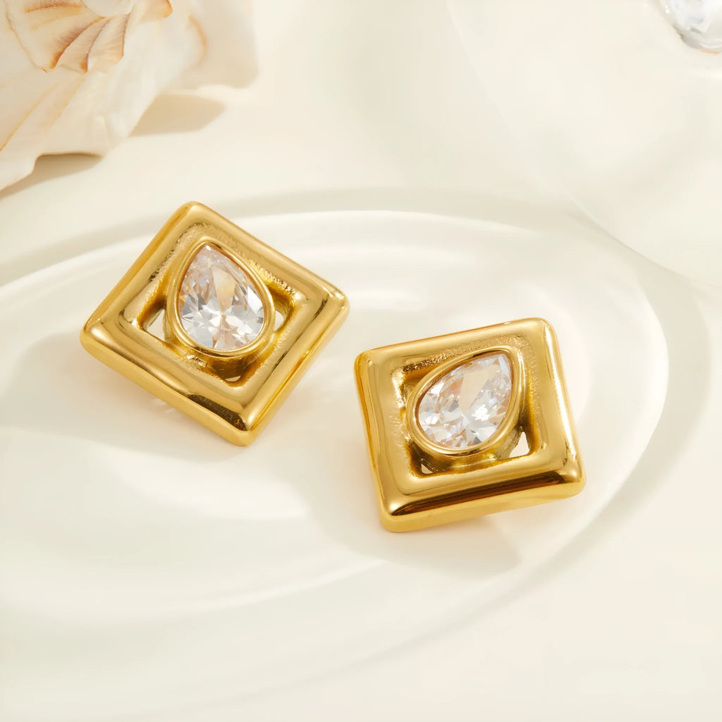 Gold stud earrings with geometric water drop zircon stones on stainless steel