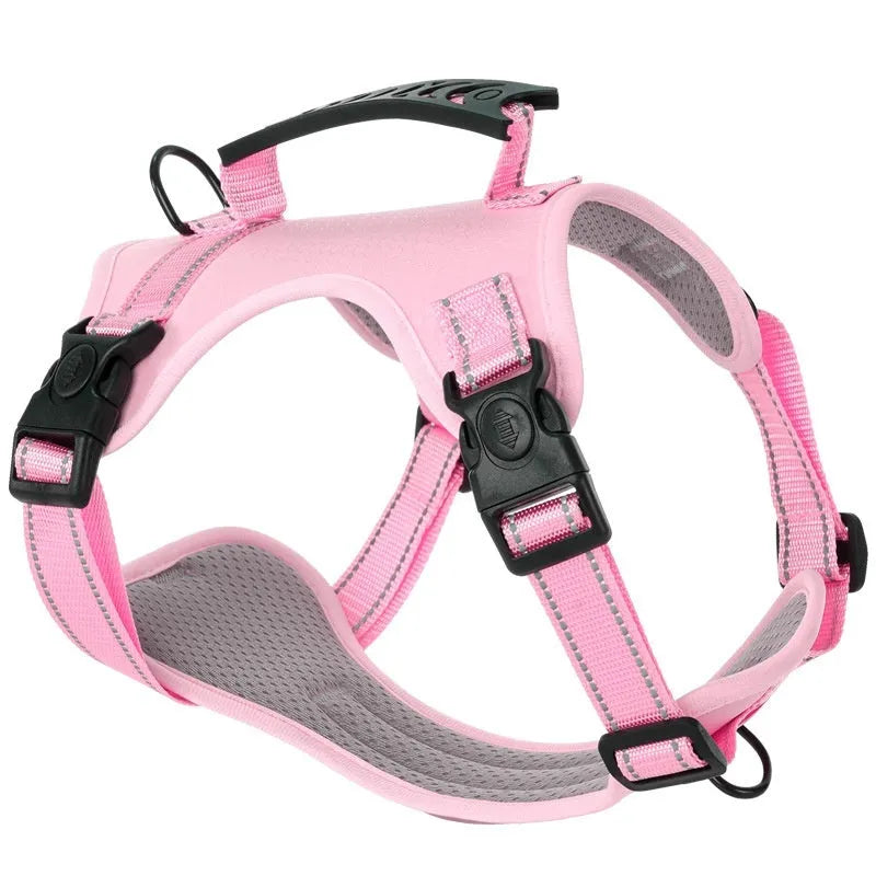A dog harness and lead set in a choice of six colours, made from durable polyester with an adjustable chest strap.