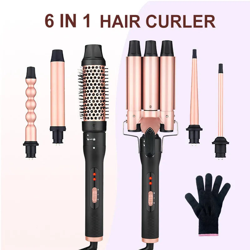 Three-tube water wave hair curler with dual curling and straightening functions on wired AC power