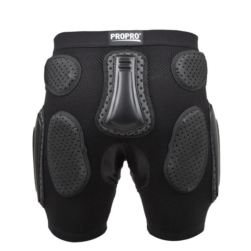 Black cycling hip protection pants with foam padding in sizes S, M, L, XL