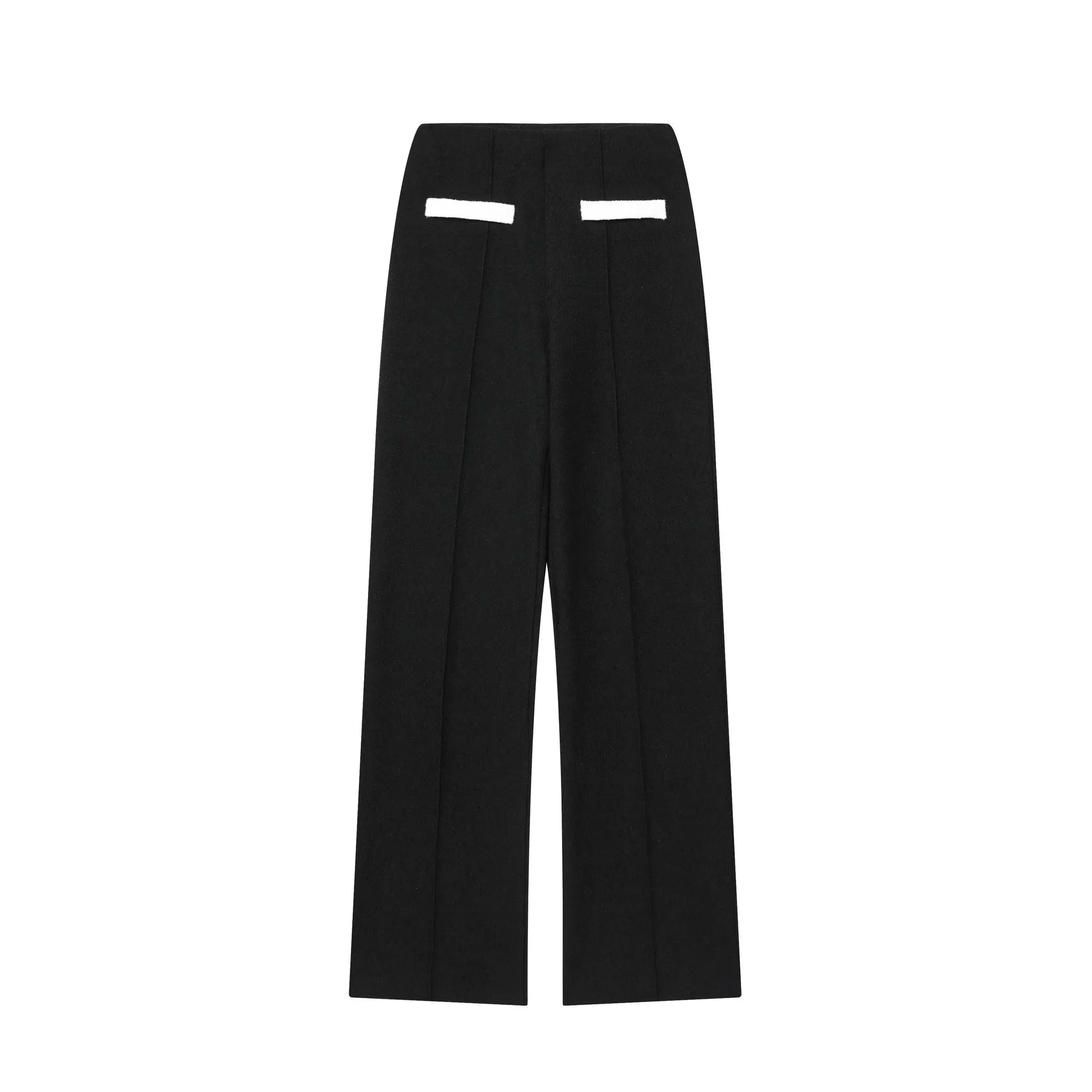 Women's beaded leather round neck top and high-waisted trousers suit in a casual street style.