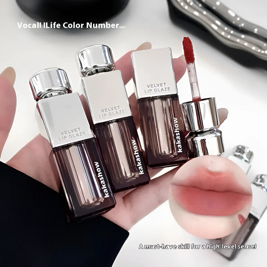 Kakashow lock colour velvet lip paint in matte finish showing six shade options including cream smoked apricot and cherry fromage