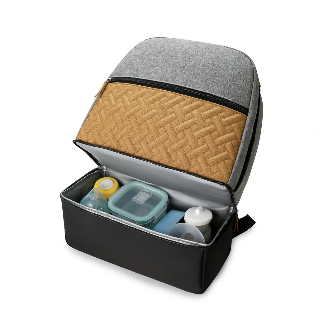 Grey insulated Oxford cloth mother and child travel backpack with curved shoulder straps, shown open to display organisation compartments.