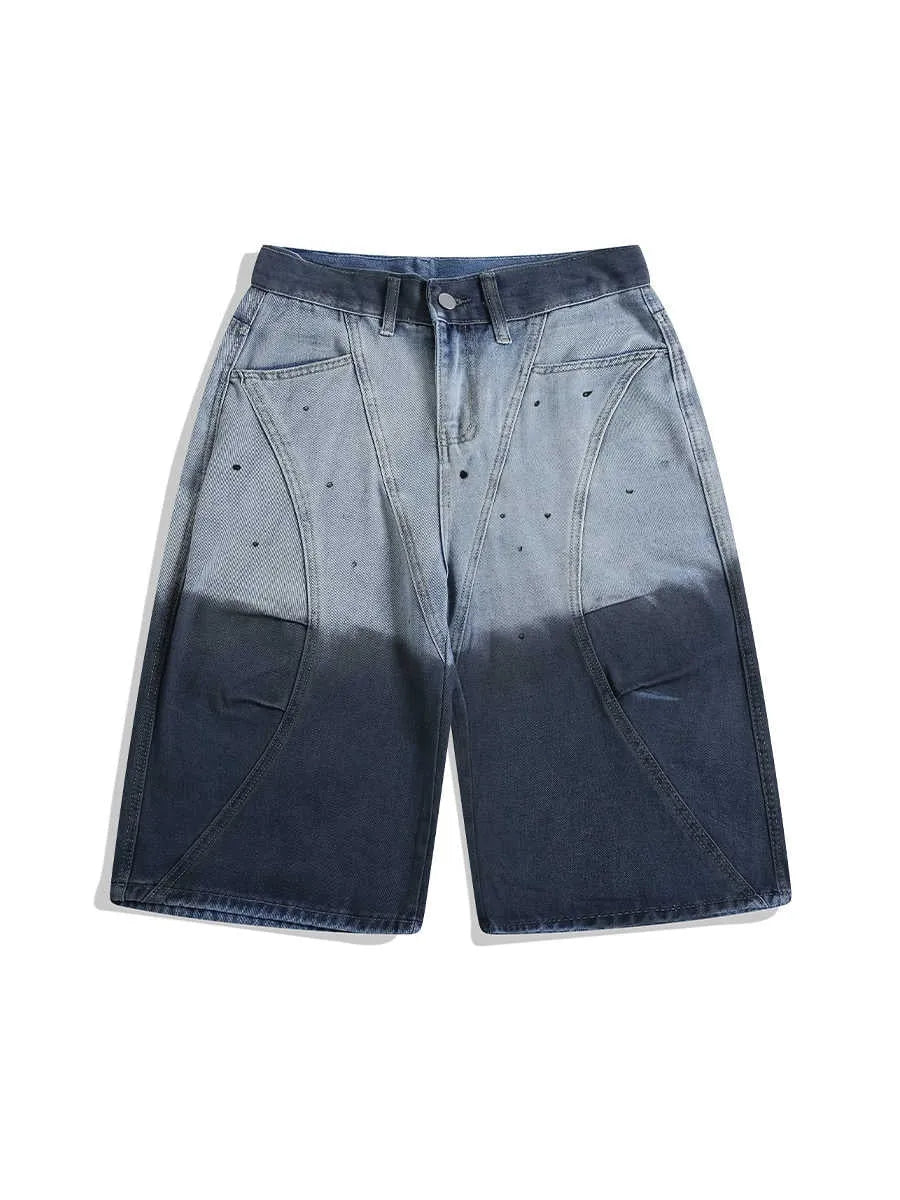 Blue tie-dye gradient washed-out women's cropped jeans with a loose, casual fit