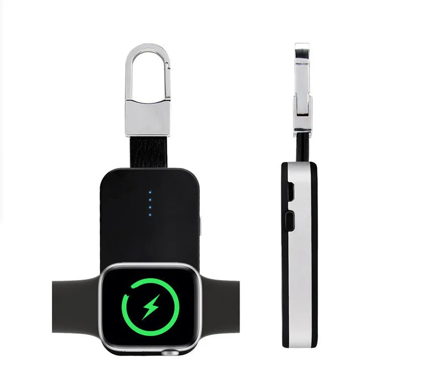 Black portable Apple Watch wireless charger power bank with keychain attachment