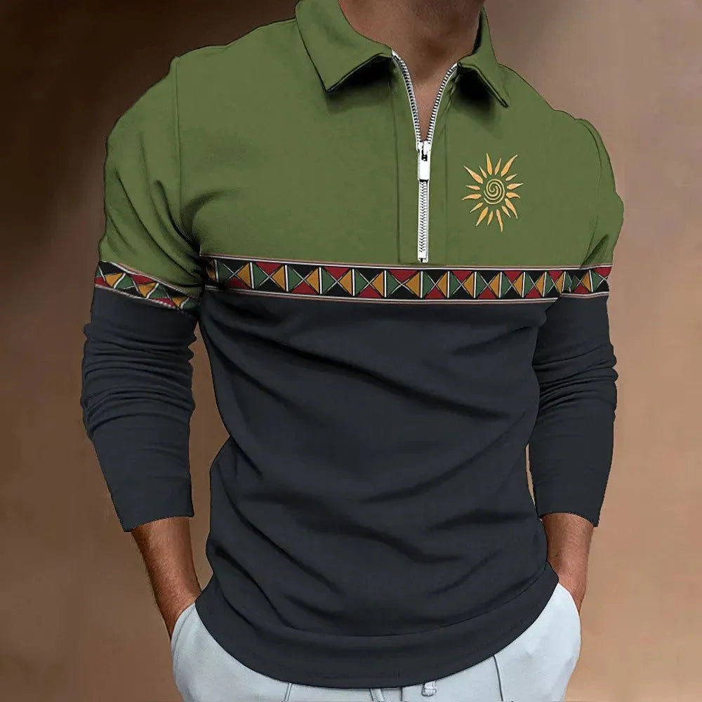 Men's striped retro print golf t-shirt with long sleeves and zipper details in loose fit