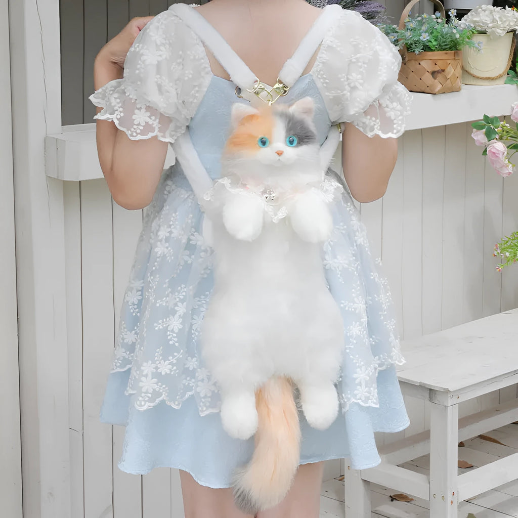 Simulation cat backpack in three-flower cat colour with plaid scarf design for youth