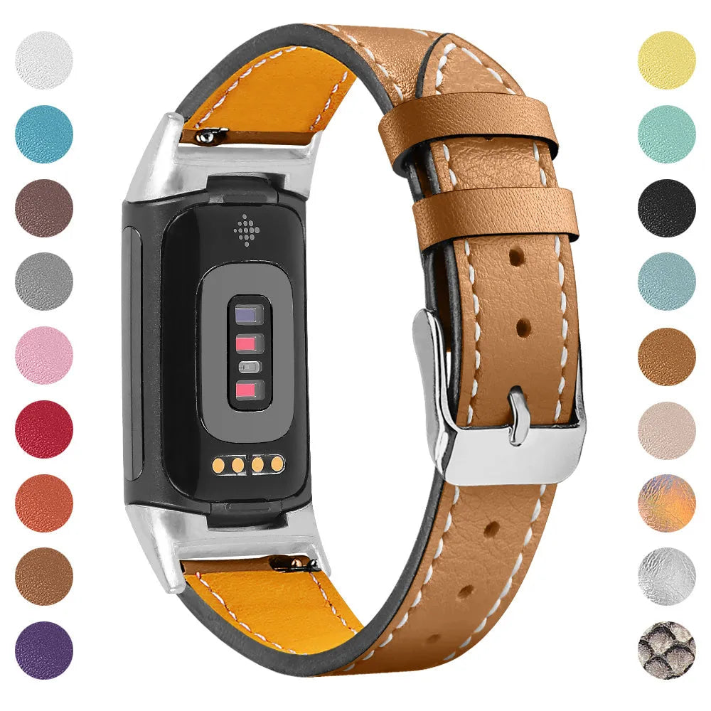 Genuine leather strap for Fitbit Charge 5 and Charge 6 smartwatches in multiple colour options.