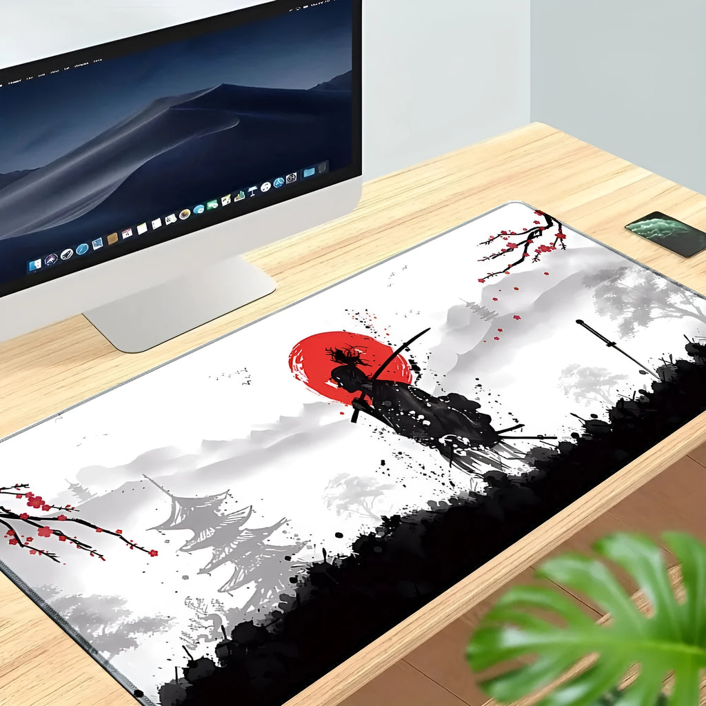 Japanese samurai pattern gaming mouse pad with cloth surface and non-slip base in various size configurations