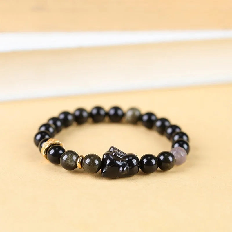 Handmade lying rabbit obsidian bracelet in national style with brass and gray agate