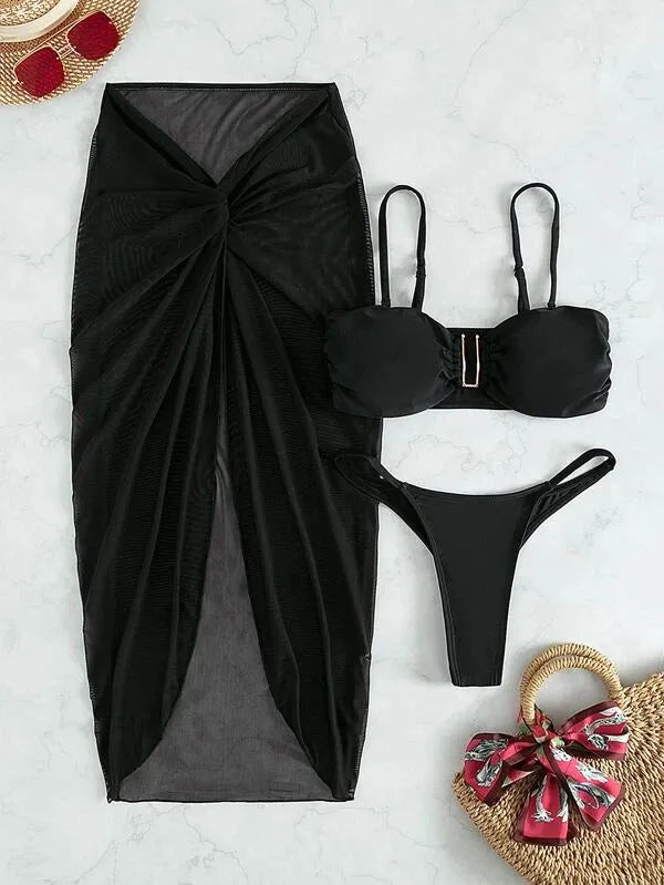 Women's three-piece bikini swim set with long culotte bottoms in multiple colour options