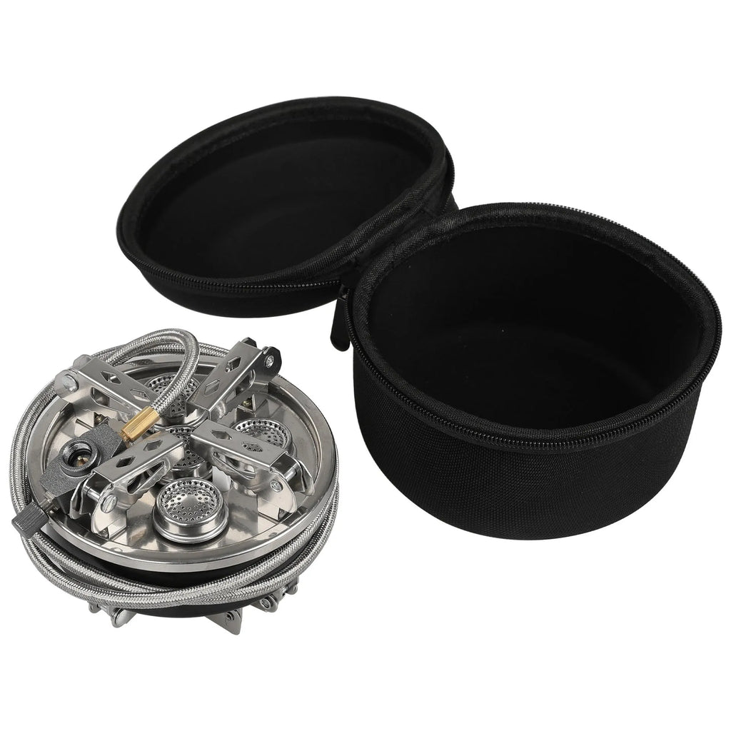 Silver foldable stainless steel split camping stove with copper fittings and a long hose.
