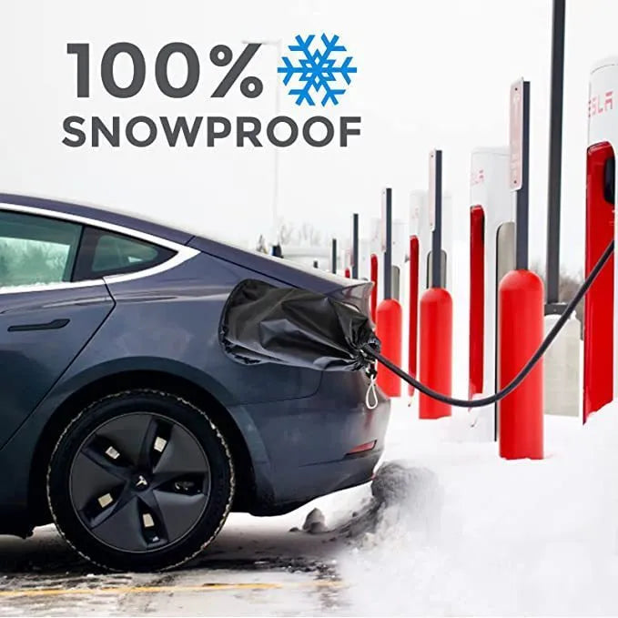 Waterproof cover for new energy vehicle charging port in grey colour showing drawstring closure