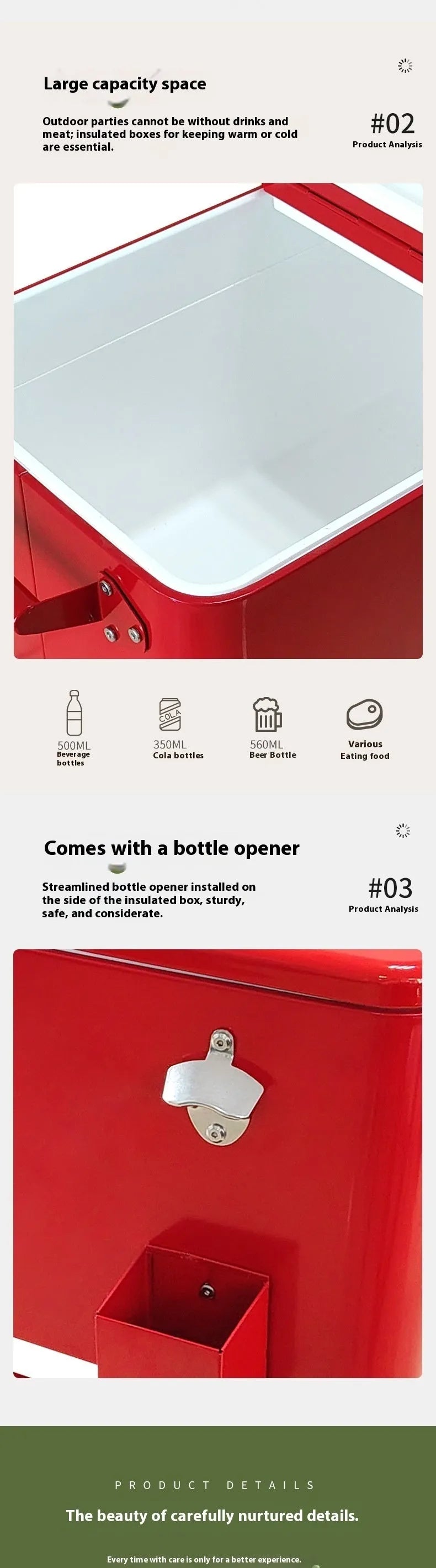 Red metal insulated trolley with 750ml capacity for outdoor picnics and camping