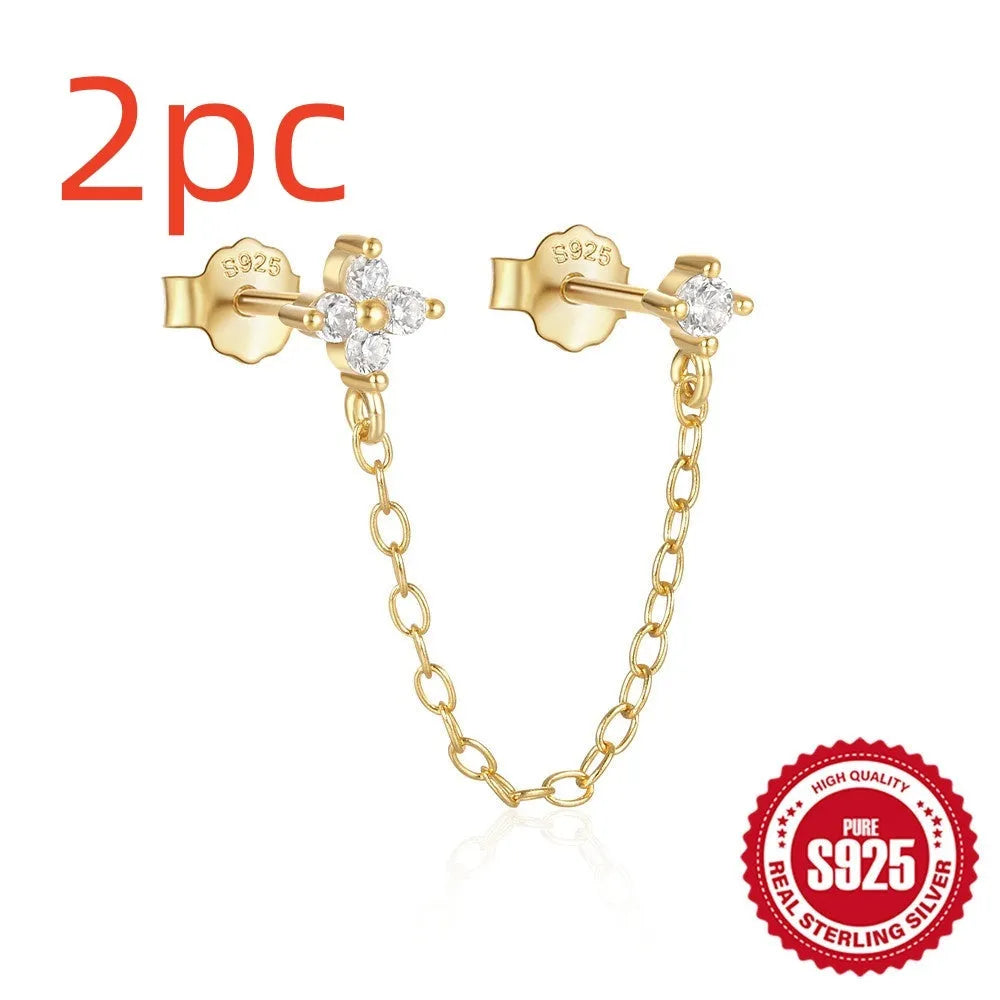 S925 sterling silver earrings with diamond flower tassel chain design and golden electroplated finish