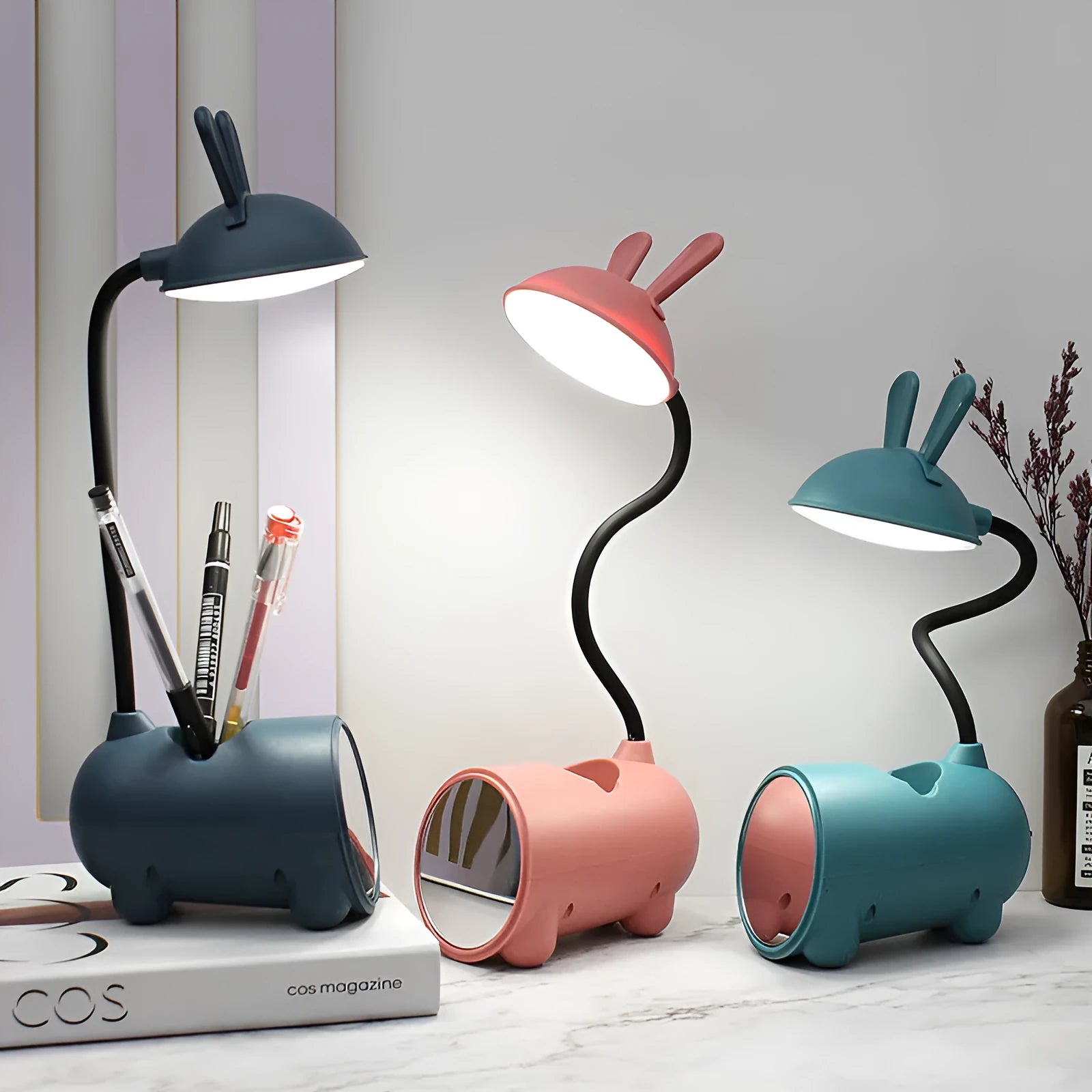 Green cartoon desk lamp with USB cable and pen storage compartment