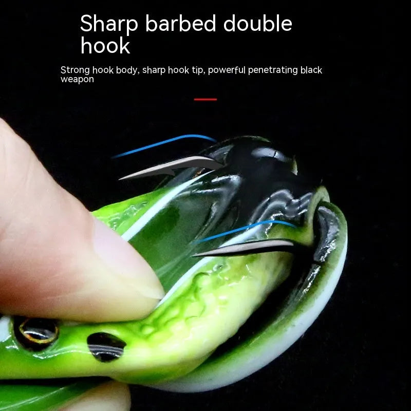 Bionic real thunder frog fake bait with double hook in grass green and black yellow dots colour options for black bass fishing