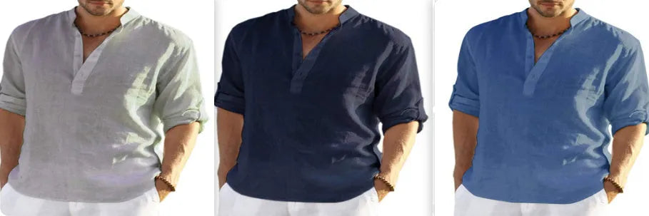 Men's solid colour long sleeve shirt with a stand collar, shown in a light blue shade
