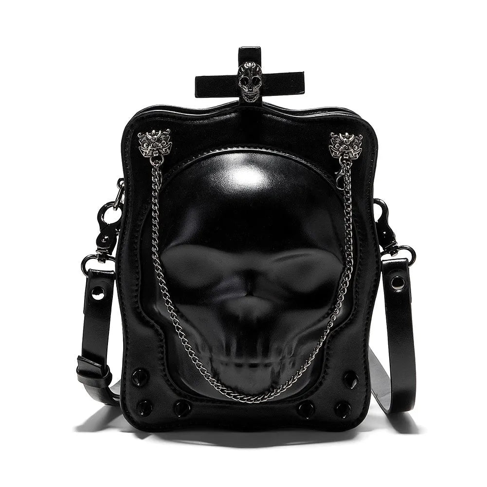 Black gothic skull mini crossbody bag with stitching and chain details