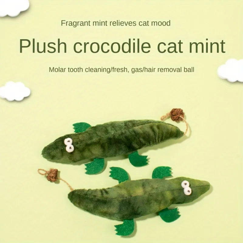 Green plush alligator cat toy with catnip and peppermint scent for oral cleansing
