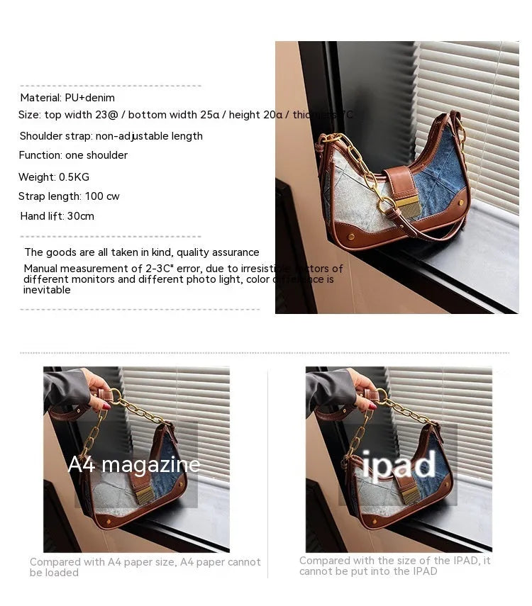 Brown denim women's shoulder bag with diamond mesh panel and chain strap showing bucket shape