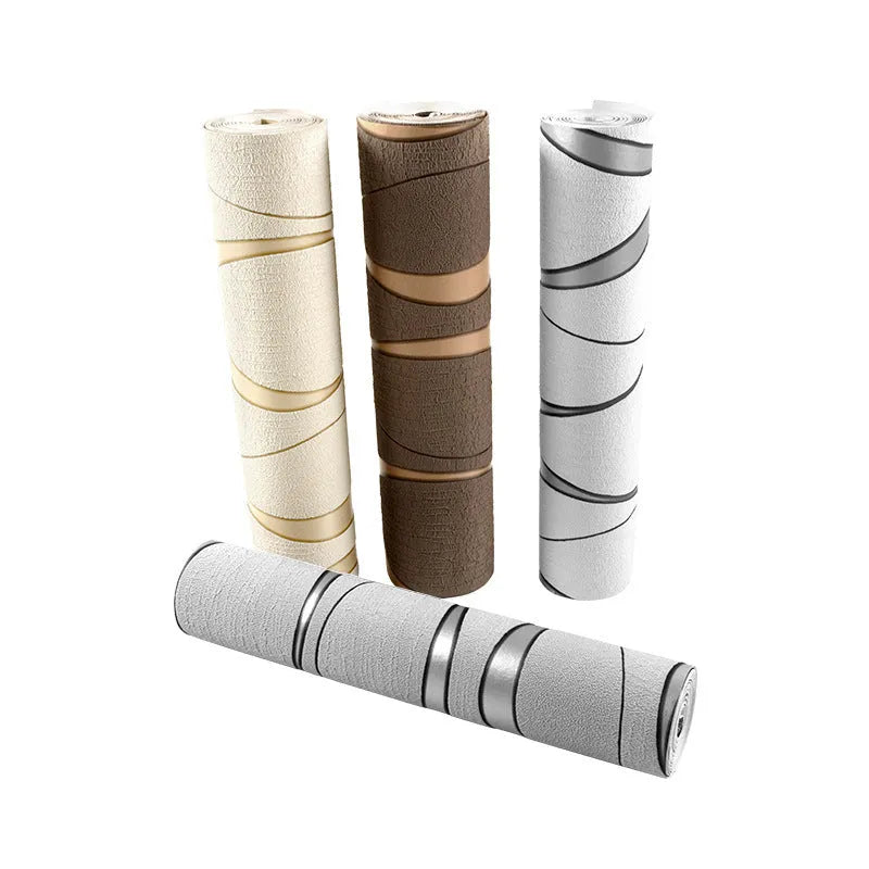 Curve Stripe 3D textured wallpaper roll in dark brown showing raised velvet finish pattern