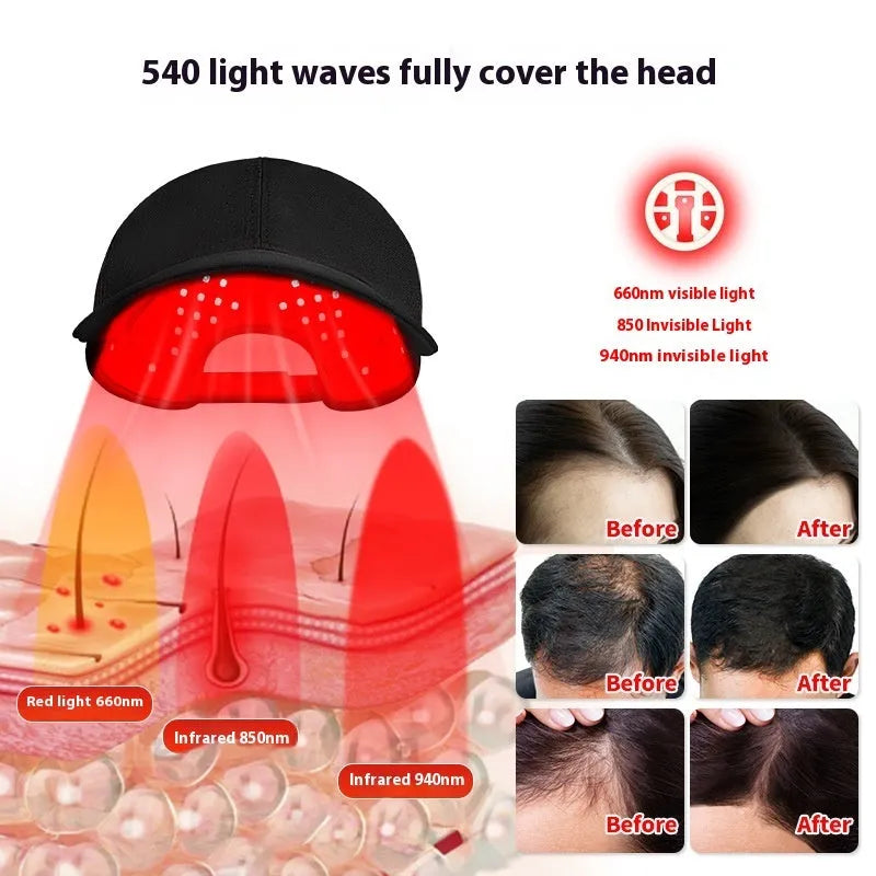 Black infrared peaked hair growth cap with LED lights and controller