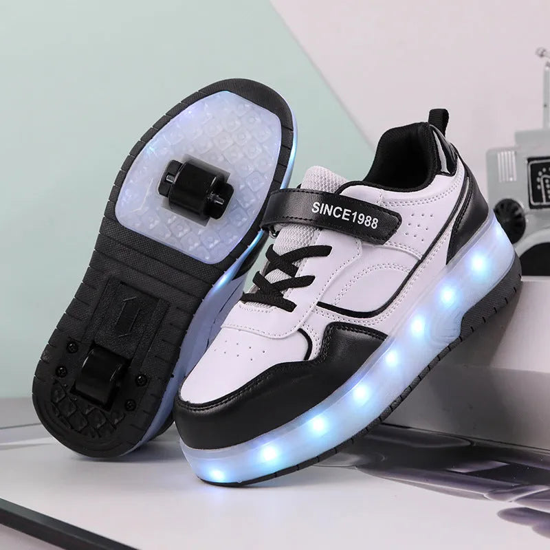 Child wearing charging flash roller skates with illuminated LED wheels, showing pink and black colour options.