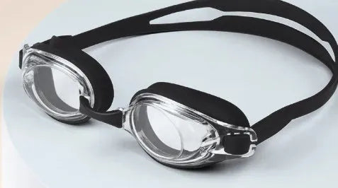 Black swimming goggles with prescription lenses and a matching case, alongside plain blue swimming goggles.