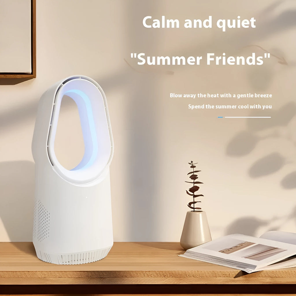 White SK bladeless tower fan with touch screen control panel for home or office desktop cooling
